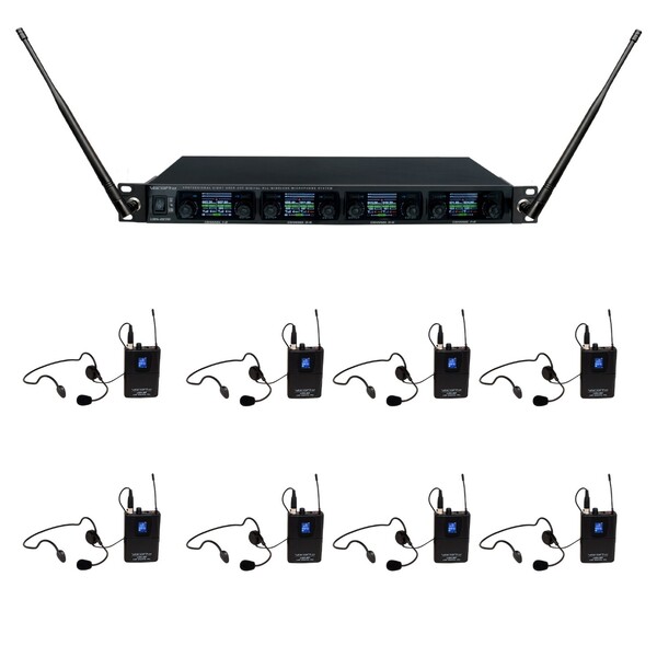 PROFESSIONAL DIGITAL UHF PLL WIRELESS MIC SYSTEM WITH EIGHT HEADSET VOCAL MICROPHONES